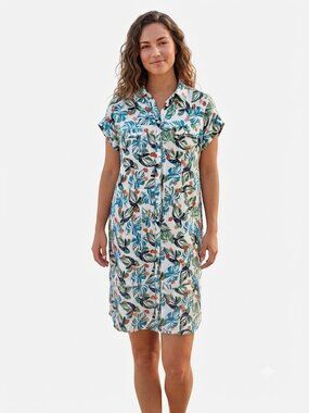 Lost + Wander Tropical Leaf Button-Up Tunic in Teal, Green, Black & Red on Cream